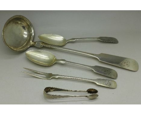 A German 800 silver ladle, two spoons, a fork and a pair of sugar bows, 272g