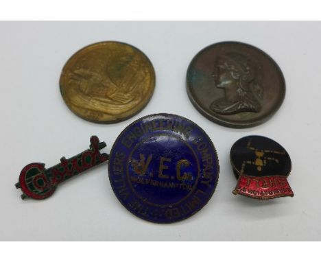 Three enamel badges; Villiers, Shell and Castrol, a 1904 Bakers & Confectioner's Medal and a Coronation medallion