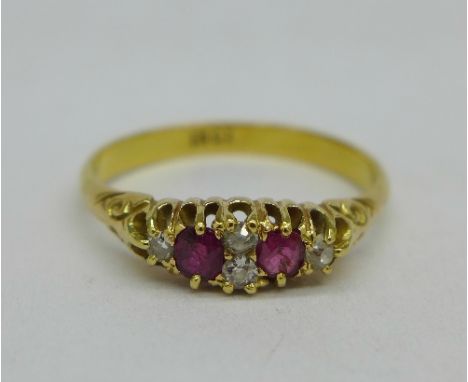 An 18ct gold, ruby and diamond ring, 3.4g, R