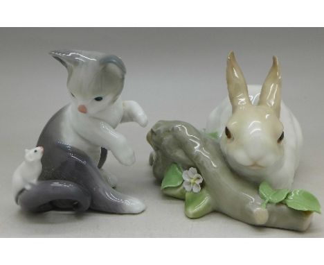 A Lladro figure of a rabbit and one of a kitten with mouse, petals a/f