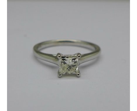 An 18ct white gold Princess cut diamond solitaire ring, 2.3g, K