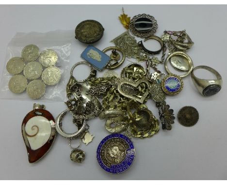 Silver jewellery etc., including a hallmarked silver and enamel English Electric 20 years buttonhole badge, 175g