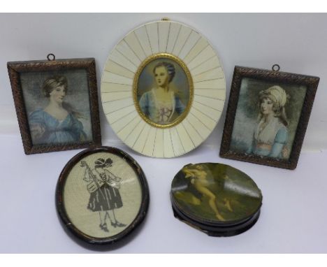A portrait miniature in an oval ivory frame, a French decorative lacquered pot, a/f, three small framed pictures and three 20