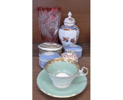 A red Bohemian glass vase, two Wedgwood Jasperware trinket boxes, a Spode ginger jar and two trinket boxes, Wedgwood and Roya