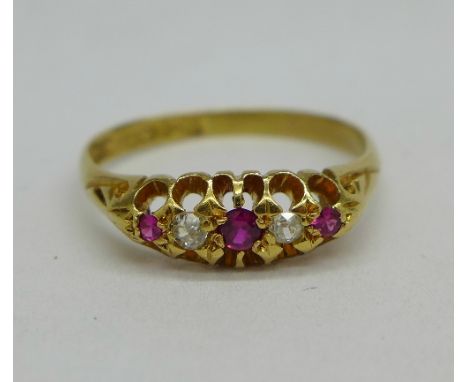 An 18ct gold, ruby and diamond ring, 2.8g, P