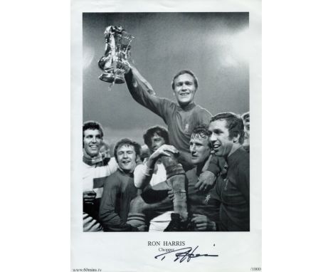 Ron Harris signed black and white print pictured 16.5x12 Inch. Celebrating with the FA Cup with his Chelsea team mates. Good 