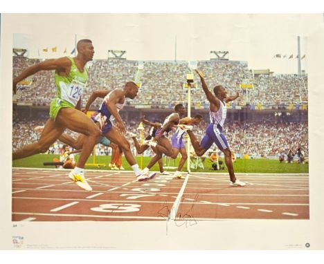 Linford Christie signed 23x16.5 Inch Team GB Olympic Gold Big Blue Tube print. Linford Christie Olympic Games Barcelona 1992.