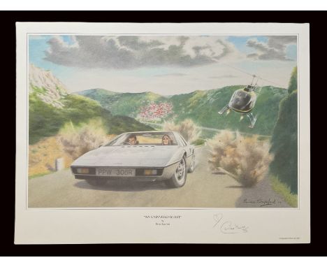 Caroline Munro signed Print; Titled An Uninvited Guest by Brian Sapsford print 25 inch by 18 inch. Pictured James Bond in his