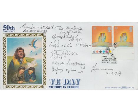 Eight WW2 Bomber command veterans Tirpitz Raiders signed rare 1995, 50th ann Victory in Europe 2x 30p gutter pair stamp offic