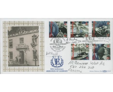 Four WW2 Bomber command veterans signed rare 1995, 50th ann Liberation of Guernsey Benham official FDC GL40, numbered 41 of 1