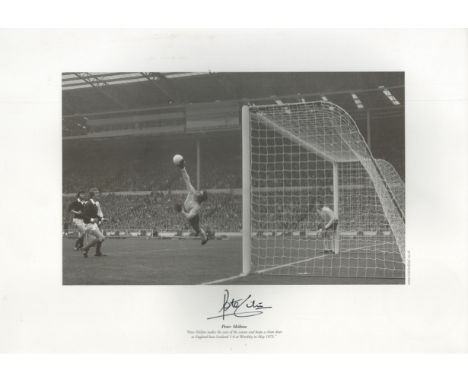 Peter Shilton Signed 16 x 12 inch Black and White Print. Print Shows Shilton making the save of the season Vs Scotland in 197