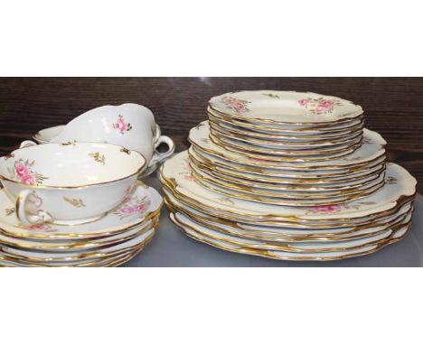 ROYAL CROWN DERBY 'PINXTON ROSES' DINNER SERVICE
comprising six dinner plates, six soup bowls and saucers, six dessert plates