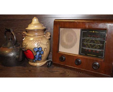 WEST GERMAN CERAMIC URN, BUSH VALVE RADIO AND IRON KETTLE