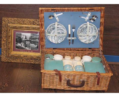 LOT OF THREE PICTURES
together with wicker vintage picnic basket