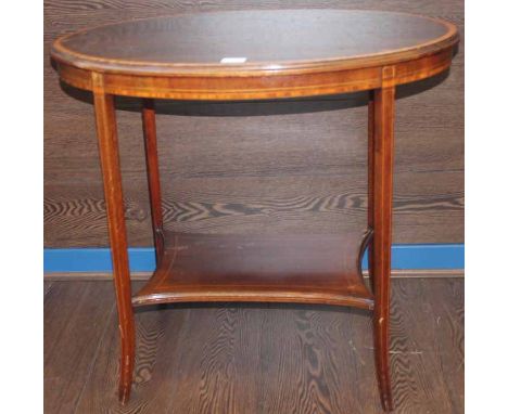 EARLY 20TH CENTURY INLAID MAHOGANY OVAL OCCASIONAL TABLE
on four legs with a stretcher shelf below, 78cm long