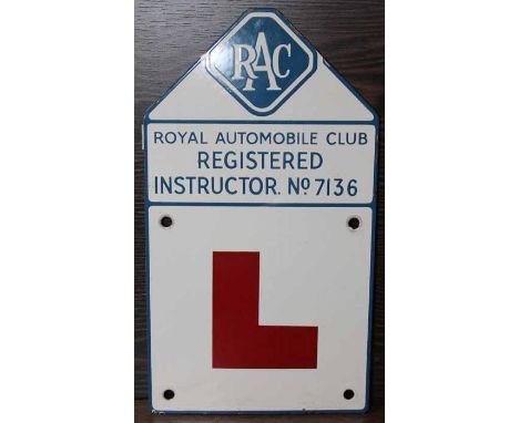 ROYAL AUTOMOBILE CLUB (RAC) REGISTERED INSTRUCTOR NO.7136 ENAMEL L SIGN 
Good condition overall, a few surface marks 