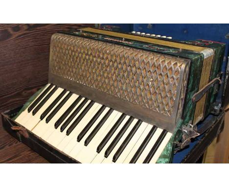 HOHNER CARMEN II GERMAN ACCORDIAN
with green enamel, inside original case, 46cm long