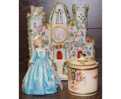 VICTORIAN STAFFORDSHIRE STONEWARE CASTLE
27cm high; together with a Royal Worcester figure of 'Grandmother's Dress', modelled