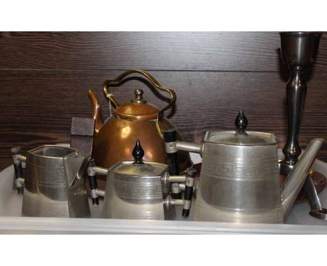 INTERESTING LOT OF COLLECTABLES
including 19th century brass kettle, three piece silver plated tea service of square form, co