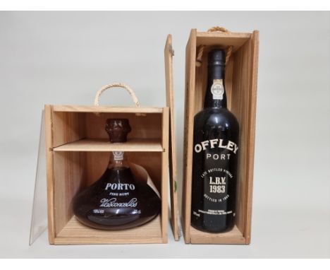 A 75cl bottle of Offley 1983 LBV port, bottled in 1989, in owc; together with a 75cl bottle of Vasoncellos fine ruby port, in