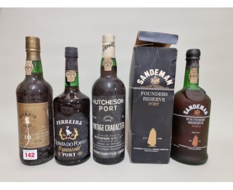 Four various bottles of port, comprising: an old 75cl Hutcheson 'Vintage Character'; an old 70cl Ferreira Quinta do Porto 10 