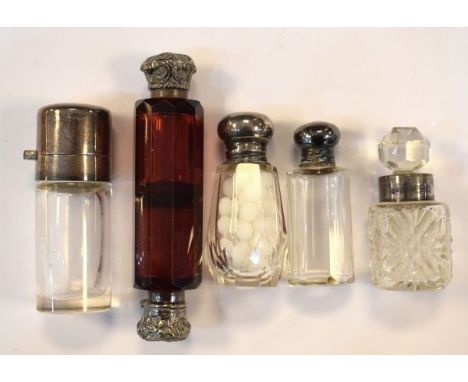Silver mounted ruby glass double ended scent bottle and four other silver mounted scent/smelling salts jars   Condition: 