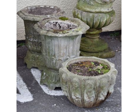 Pair of 'stone' octagonal top garden urns and one other smaller planter   Condition: 