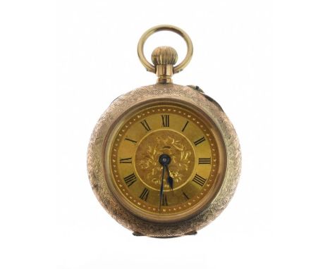 Engraved yellow metal cased lady's top wind fob watch, stamped K.9, the gilt dial with Roman numerals   Condition: 