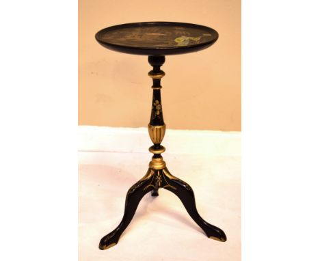 Circular to wine table having chinoiserie style painted decoration on a black ground, standing on a pillar and tripod base   