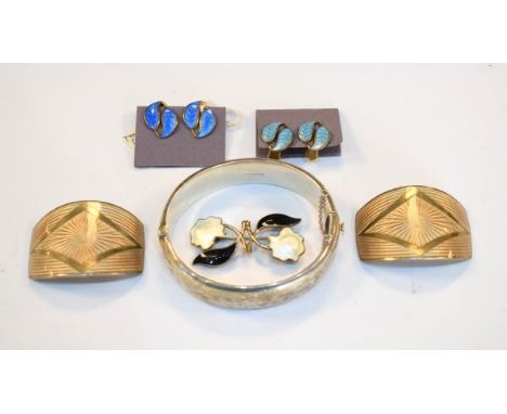 Norwegian silver and enamel brooch, similar earrings, engraved silver bangle and a pair of white metal and enamel shoe buckle