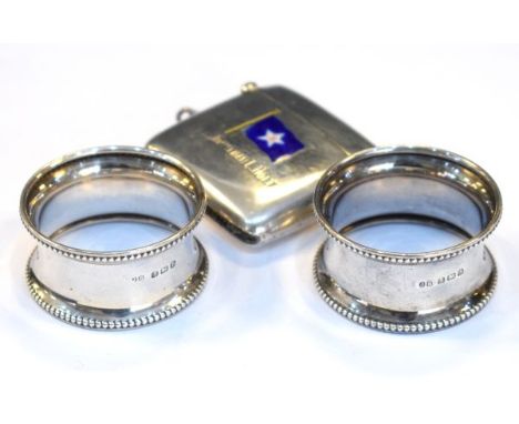 George V silver vesta case having enamel decoration depicting a naval flag and with script 'S.S. Jonathan C. Holt', Chester 1
