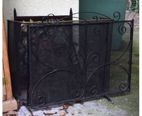 Brass top firescreen, two other firescreens and a timber framed firescreen with needlework panel and pair of fire dogs   Cond