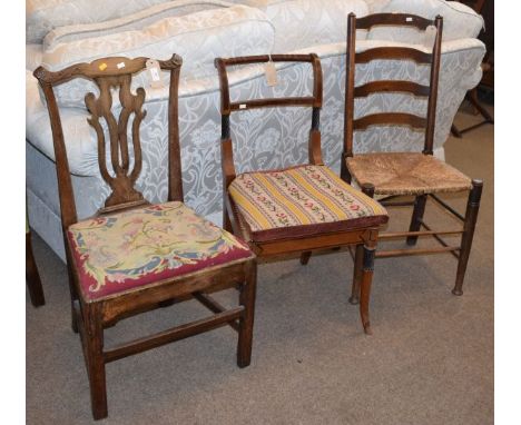 George III Chippendale style side chair standing on square supports, a 19th Century oak ladder back side chair having rush se