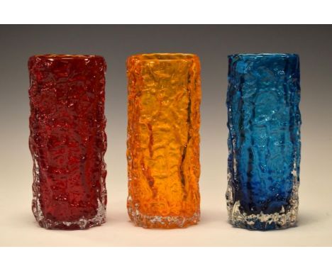 Three Whitefriars glass 19cm Bark vases in Kingfisher Blue, Ruby and Tangerine   Condition: 