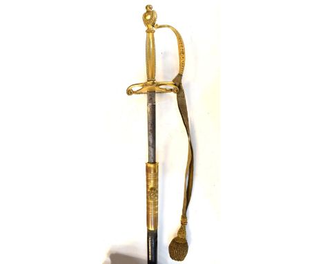 Victorian court sword having a bras hilt with knuckle guard, black leather scabbard with brass mounts   Condition: 