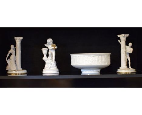 Franklin Mint 'Romeo & Juliet' bowl and pair of figural and column design candlesticks together with a similar Franklin Mint 