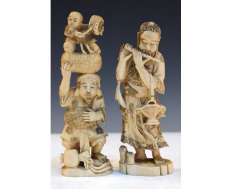 Two late 19th/early 20th Century Japanese carved ivory okimono, the first depicting a man playing a flute, the second a man w