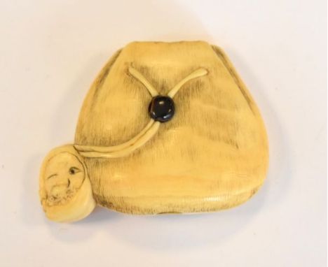 Late 19th/early 20th Century carved ivory netsuke formed as a bag and mask   Condition: 