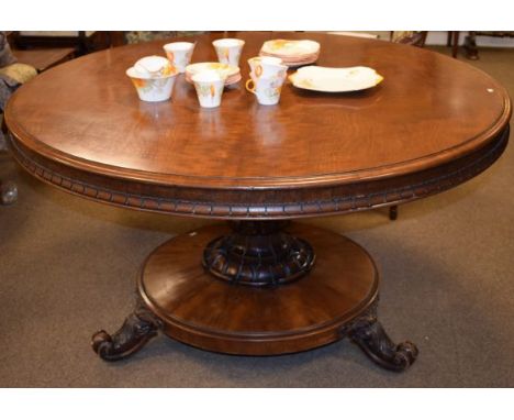 Victorian mahogany circular snap top breakfast table, standing on a baluster turned and fluted pillar and circular platform b