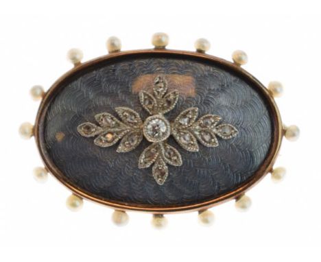 Early 20th Century gold coloured metal oval mourning brooch having diamond, seed pearl and enamel decoration, engraved verso 