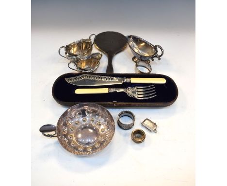 George V silver cream jug and sugar basin, Sheffield 1913/1914, silver vesta case, bangle, napkin ring etc, together with a p