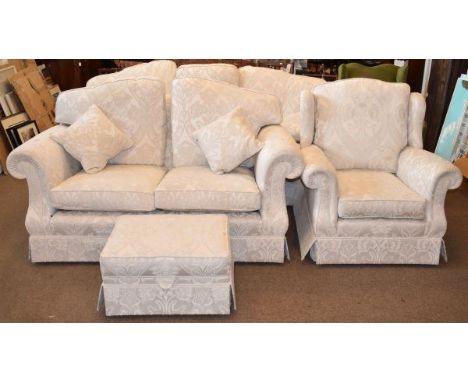 Good quality modern four piece lounge suite upholstered in Art Nouveau design stylised foliate two-tone off-white brocade and