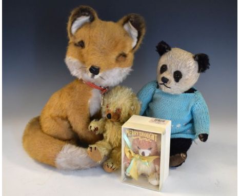 Small Merrythought Cheeky Bear, similar bear 'Ice Cream Sundae', Merrythought Fox and a black and white plush Panda   Conditi