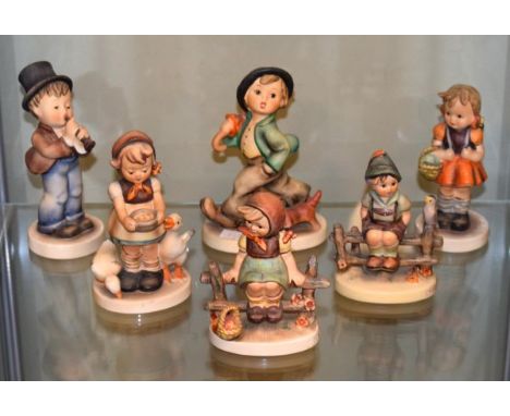 Six Goebel Hummel figures - Serenade, Be Patient, Strolling Along, School Girl, Just Resting and Wayside Harmony   Condition: