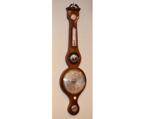 19th Century string inlaid mahogany cased wheel barometer, engraved silvered dial, scale, level and hygrometer   Condition: 