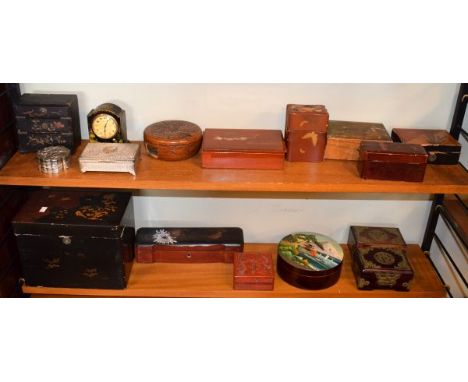Collection of Oriental boxes, mantel clock etc (two shelves)   Condition: 