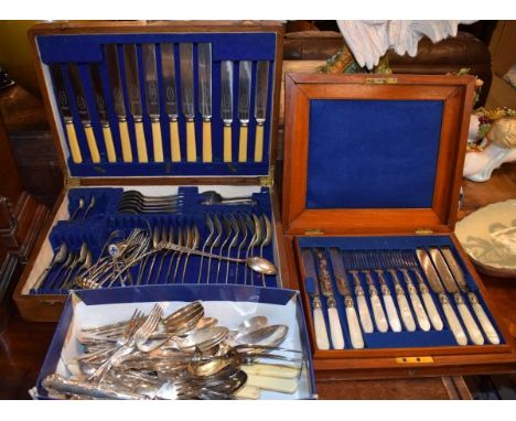 Late 19th/early 20th Century mother-of-pearl handled silver plated twelve person dessert knife and fork set, together with a 