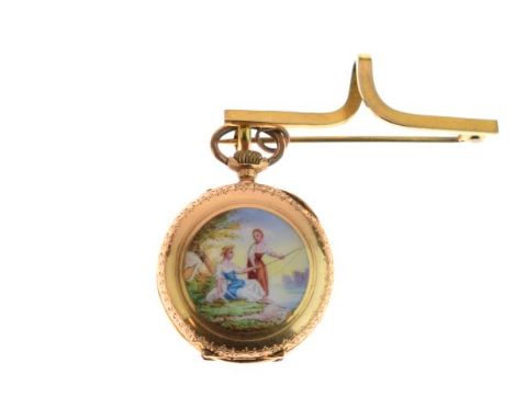 Lady's engraved yellow metal and enamel top wind fob watch, stamped .750, decorated with two ladies fishing to the reverse, t