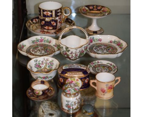 Various small ceramic items including; Crown Derby cup and saucer, somewhat similar miniature cup and saucer, Royal Worcester