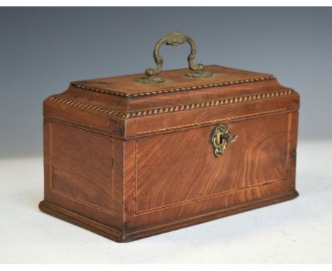 George III inlaid mahogany sarcophagus shaped tea caddy, the hinged cover opening to reveal a partitioned interior   Conditio